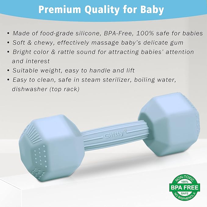 Baby Dumbbell - Silicone Infant Rattle Teether, Toddler Sensory Toy, Durable Safe Exercises Workout Weight - Great Gift for Girls and Boys (1pcs - Black)