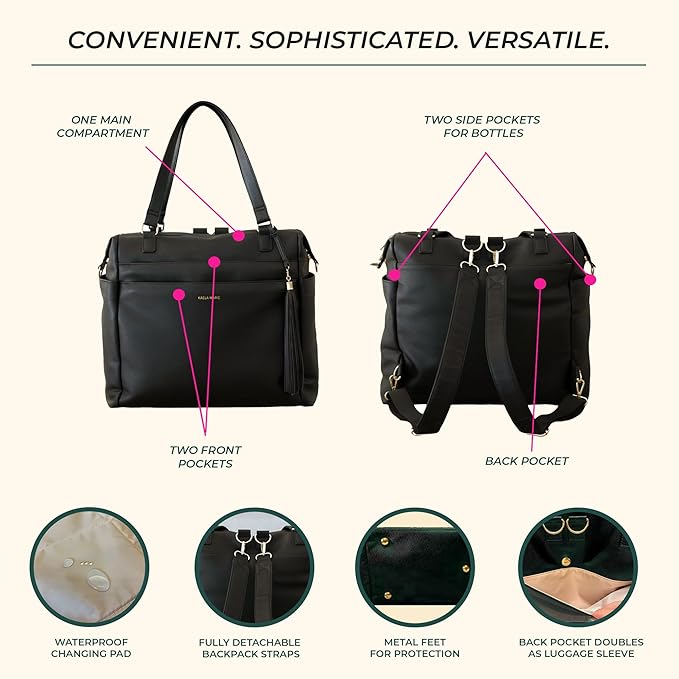 Large Diaper Bag Backpack, Vegan Leather Diaper Travel Tote Bag with Changing Pad and Stroller Straps
