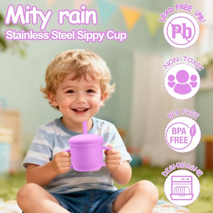 Mity rain 3-In-1 Stainless Steel Sippy Cup for 6+ Month Old, Baby Straw Cups for Toddlers 1-3 with Travel Lid, Silicone Straw, Replacement Straw & Cleaning Brush - 8oz Toddler Cups Spill Proof Set