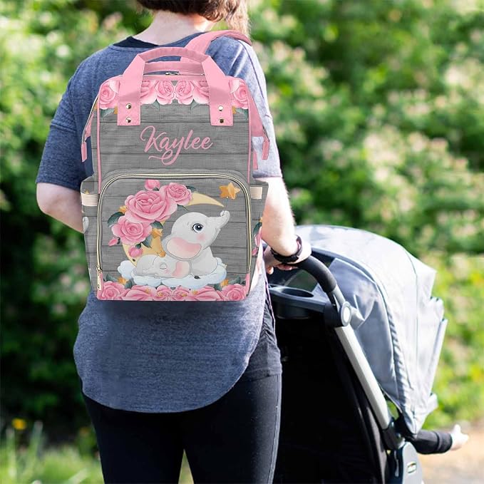 M YESCUSTOM Diaper Bags for Women Personalized Pink Flower Bag with Name Custom Waterproof Large Capacity Travel Daypack