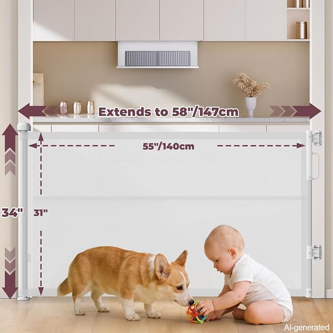 2Pack Retractable Baby Gates for Stairs, 58" Extra Wide Mesh Dog Gate for Doorways, Child Gate for Toddler Pet, Indoor and Outdoor Use, Easy Install, 34" Height, White