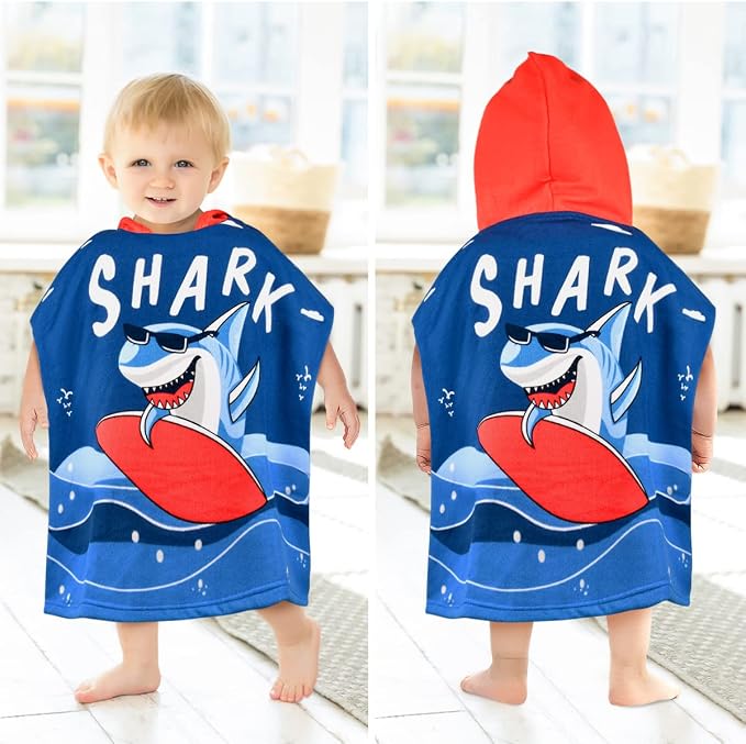 HUANLANG Kids Hooded Bath Poncho for Boys & Girls Super Soft & Absorbent Cotton Shark Towel for Toddlers 2-6 Years Old