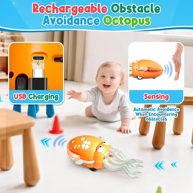 Dancing Squid Baby Toy, Infant Tummy Time Toys for 3-6 Months, Interactive Crawling Octopus with Music & Lights for 6-12, 12-18 Learning Walking Toy for Toddlers 1 Year Old Boys Girls Birthday Gifts