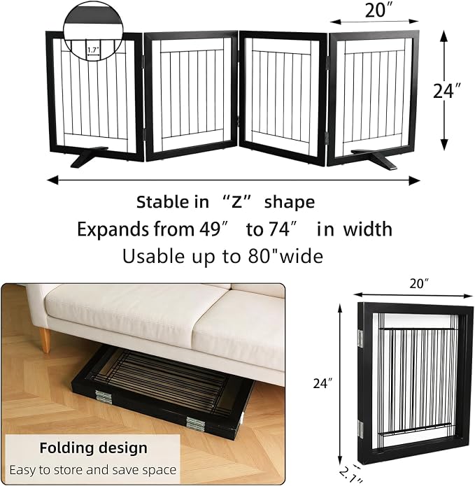 Dog Fence Indoor - 4-Panel Freestanding Dog Gate for Doorways, Hallways, House or Stairs -80x24-Inch Retractable Foldable Expandable Wood Pet by SFJC (Black)