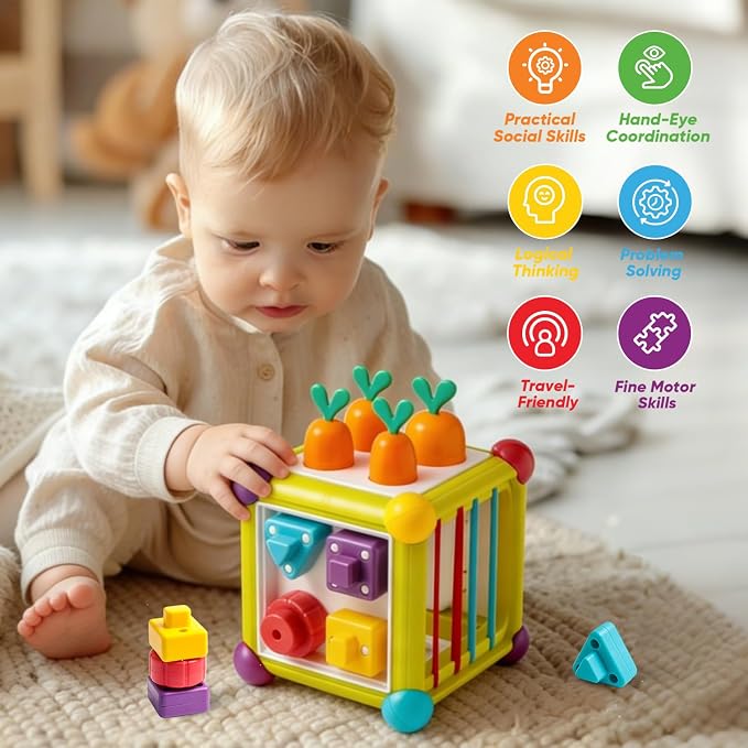 Montessori Activity Cube Toys for Toddlers, Sensory Carrot Shape Blocks and Educational Early Development Toy for Baby 1-3, Developmental Infant 1st Birthday Gifts.