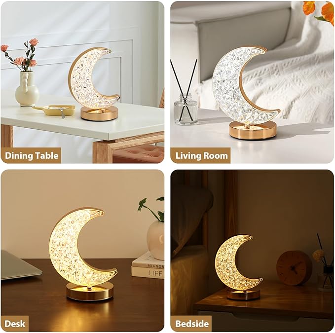 Lewondr Crescent Moon Table Lamp, Stepless Dimmable Touch Lamp with 3 Colors, Rechargeable Night Light with USB Port, Ramadan Moon Light Bedside Lamp for Nightstand Desk Bedroom Living Room Home Decor