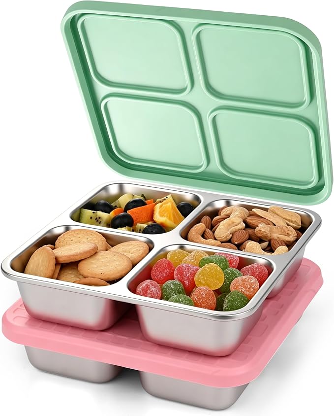 2 Pack Stainless Steel Snack Containers with Silicone Lids, Leakproof Bento Snack Boxes, Reusable 4 Compartment Metal Lunch Containers, Dishwasher Safe Food Storage for Meal Prep, Work & Travel (B)