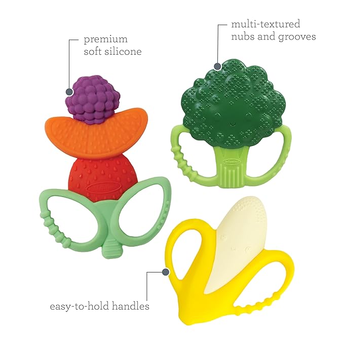 Infantino Lil??Nibbles Textured Silicone Teethers, BPA-Free Baby Teething Toy, Soft, Easy to Hold, Sensory Stimulation for Infants, Banana, Broccoli, Fruit Kabob, 3-Pack Set