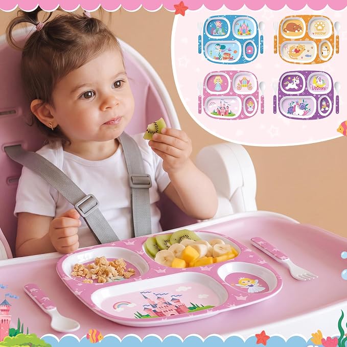 Jinei 4 Set Melamine Dinner Plate for Kids Dinnerware Dishes Set with Fork and Spoon Mermaid Unicorn Princess Cat Divided Melamine Plates for Girls Toddlers Picky Eaters BPA Free Dishwasher Safe