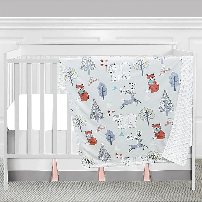 Minky Baby Blanket for Boys and Girls with Forest Animal 29.5'' x 39.3'' Soft Toddler Newborn Receiving Blanket with Cotton Front and Dotted Fleece Backing for Nursery Crib Stroller Car Seat