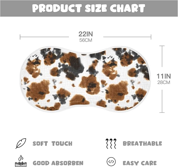Muslin Burp Cloths for Baby Boys and Girls - 1-Pack Ultra Absorbent Black and Brown Cow Print Muslin Washcloths, Newborn Towel, Milk Spit Up Rags, Burp Cloth Bib for Unisex, 22 x 11 Inch