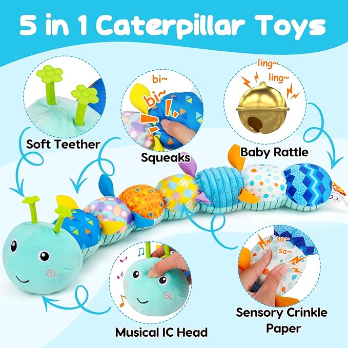 Baby Tummy Time Toys 0-6 Month Musical Stuffed Animal Plush Caterpillar Toy for Infant 6-12 Month Teething Sensory Toy with Crinkle Rattle for Babies 0-3-6 Month Newborn Boy Girl Easter Basket Stuffer