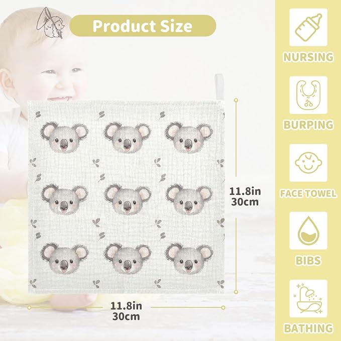 vvfelixl Cartoon Simple Koala Bear Baby Burp Cloths Baby Muslin Washcloths for Boys Girls Cotton Babys Face Towel for Newborn Infants Soft and Absorbent 11.8 X 11.8 in, 5 Pack