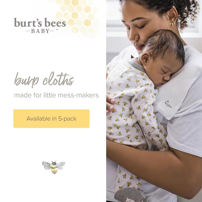 Burt's Bees Baby Burp Cloths, 100% Organic Cotton Extra Absorbent Soft Fabric, Large Drool Cloths 17 x 11.75 in, 5-Pack