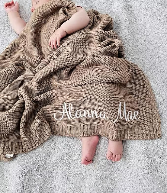 IZI POD Personalized Knit Baby Blanket, Embroidered Name Nursery Blanket, Custom Name Baby Boy Girl Blanket Shower, Baby Newborn Blanket, Baby Boy Girl Knit Blanket, Baby Gift