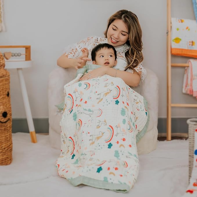 100% Cotton Muslin Baby Blanket | Soft & Breathable 6-Layer Swaddle & Receiving Blanket | Lightweight Quilt for Newborns, Infants & Toddlers - Unicorn & Rainbows - Sage Trim