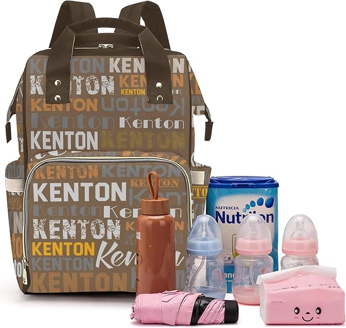 Custom Name Boy Baby Bags, Nylon Personalized Diaper Bag Backpack for Baby Boy Mom, Brown, Large Capacity, Waterproof, Multifunctional, Adjustable Shoulder Straps