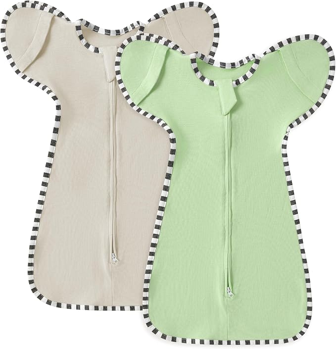 Soft Cotton Swaddle Blanket, Arms Up Baby Sleep Sack, Wearable Sleep Bag for Boys Girls (Green + Grey, M(3-6 Months))