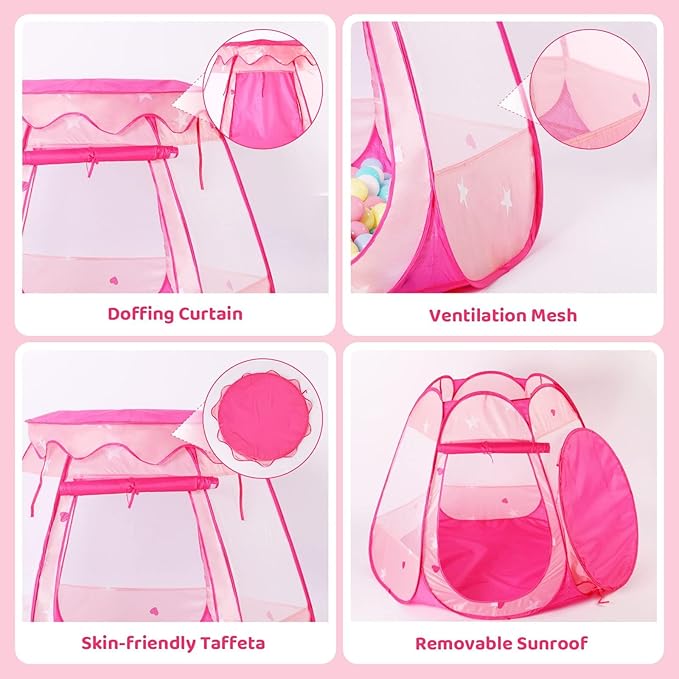 Pop Up Princess Tent with Colorful Star Lights for 1 2 3 Year Old Birthday Gift, 12-18 Months Baby Girl Toys, Foldable Ball Pit with Carrying Bag, Indoor&Outdoor Play Tent for Kids