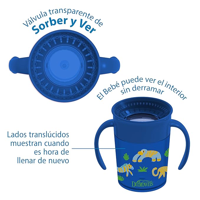 Dr. Brown's Milestones Cheers 360 Spoutless Transition Cup with Handles, Travel Friendly and Leak Free Sippy for Babies and Toddlers, Blue Animal Safari, BPA Free, 7 oz/200 mL, 6m+, Value Pack