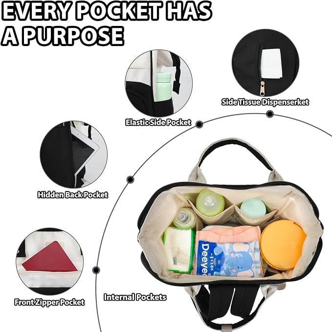 Baby Diaper Bag, Nappy Changing Backpack with Insulated Pockets,Multi-Waterproof Backpack Baby Essentials Travel for for Boys Girls, Multipurpose Travel Back Pack Moms Dads (Black)