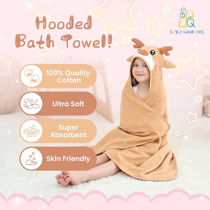 Style Quarters Brown Elk Hooded Towel for Kids – Soft, Absorbent Cotton, Embroidered Baby Bath Towel, Cozy, Lightweight – Ideal for Toddlers & Children(50"x30")