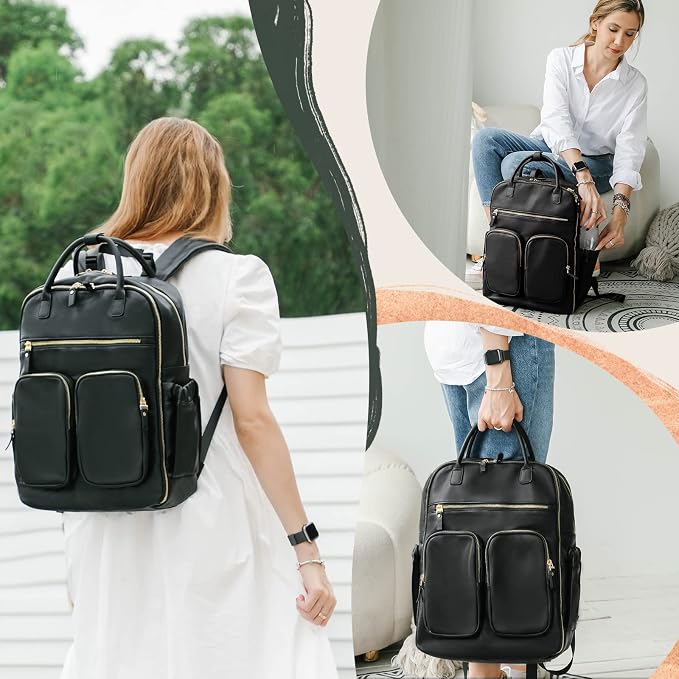MOMINSIDE Diaper Bag Backpack, Leather Baby Bag with 18 Pockets, Diaper Backpack for Women Mom, Travel Baby Bag for Girl Boy, Large Wet Pocket, 4 Insulated Pockets, Stroller Straps, Black