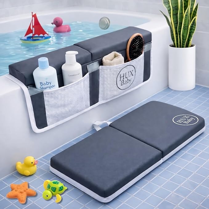Comfortable Baby Bath Kneeler and Elbow Rest Pad Set, Non-Slip Bathtub Kneeling Pad for Bathing Baby, Bath Tub Cushion Mat, Elbow Pads, Toy Organizer Storage Pockets, Strong Suction Cups, Dark Gray