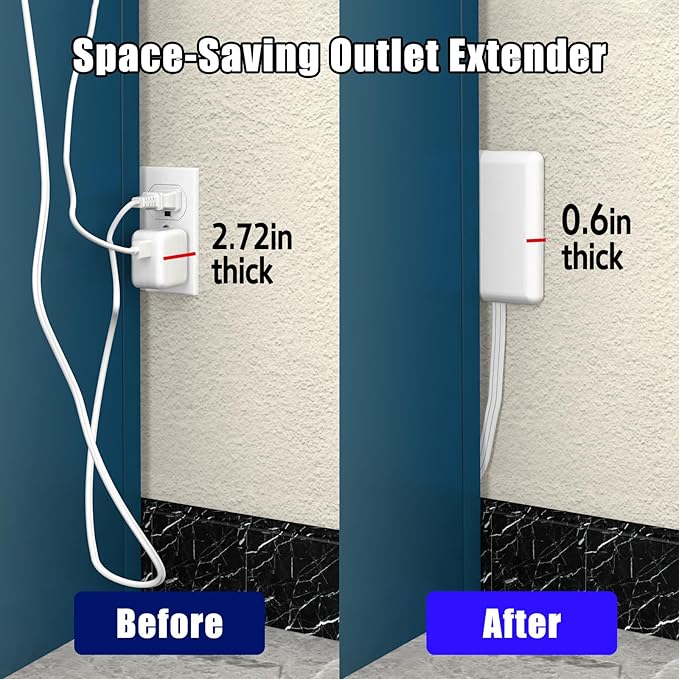 CABOCASA 8FT Ultra Flat Plug Extension Cord Power Strip with 3 Outlets, Patented Detachable Ultra-Thin Outlet Cover Concealer & Ultra-Flat Plug, Max. 13A 125V 1625W ETL Listed, White Color