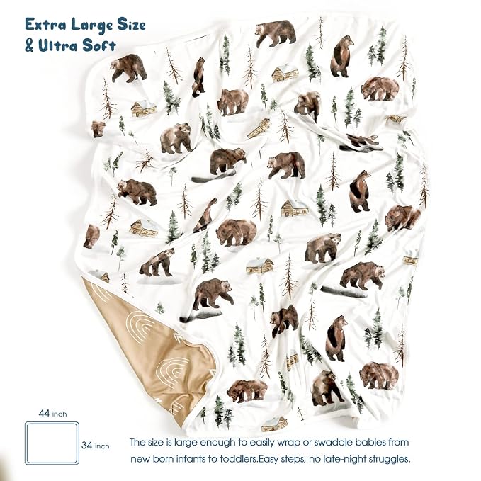 GRSSDER Baby Blankets Super Soft Stretchy Jersey Knit Swaddle Blanket for Girls and Boys, Double Layer Reversible Receiving Blankets 34 x 44, Extra Large for Swaddling, Jungle Bear/Rainbow