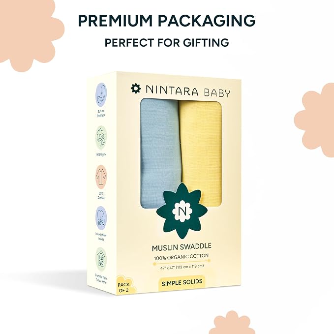 Muslin Swaddle Blankets for Newborns, 2 Pack Multipurpose 100% Organic Cotton, Ultra Soft Breathable Receiving Blanket 47 x 47 inches, Swaddle Wrap for Baby Boys & Girls