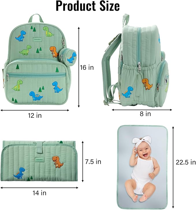GOBABYMART Large Diaper Bag Backpack with Changing Pad, Insulated Bottle Pockets, Travel & Hospital Bag for Mom & Dad (Large - Green Dinosaurs)