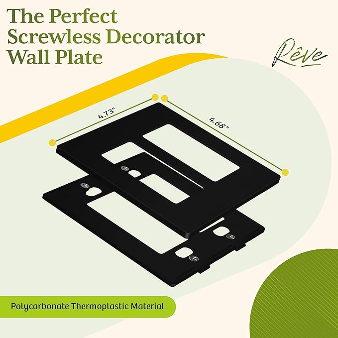 TG Screwless Decorator Wall Plates Child Safe Outlet Covers, Size 2-Gang 4.68" H x 4.73??L, Unbreakable Polycarbonate Thermoplastic, UL Listed, Glossy, Black (1 Pack)
