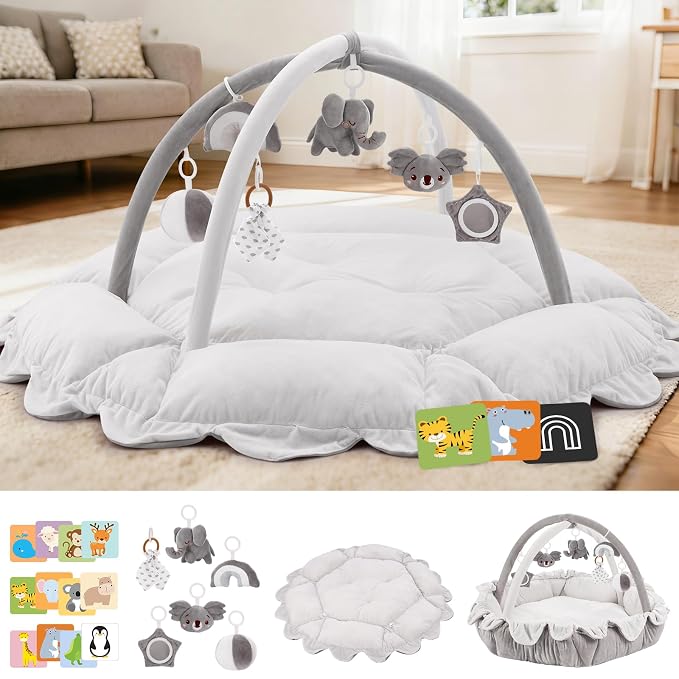 5-in-1 Baby Activity Gym & Play Mat with 6 Hanging Toys, Tummy Time Mat & Cards - Extra Large, Reversible Machine Washable Pad - Gift for Newborns, Infants 0-12 Months, Grey