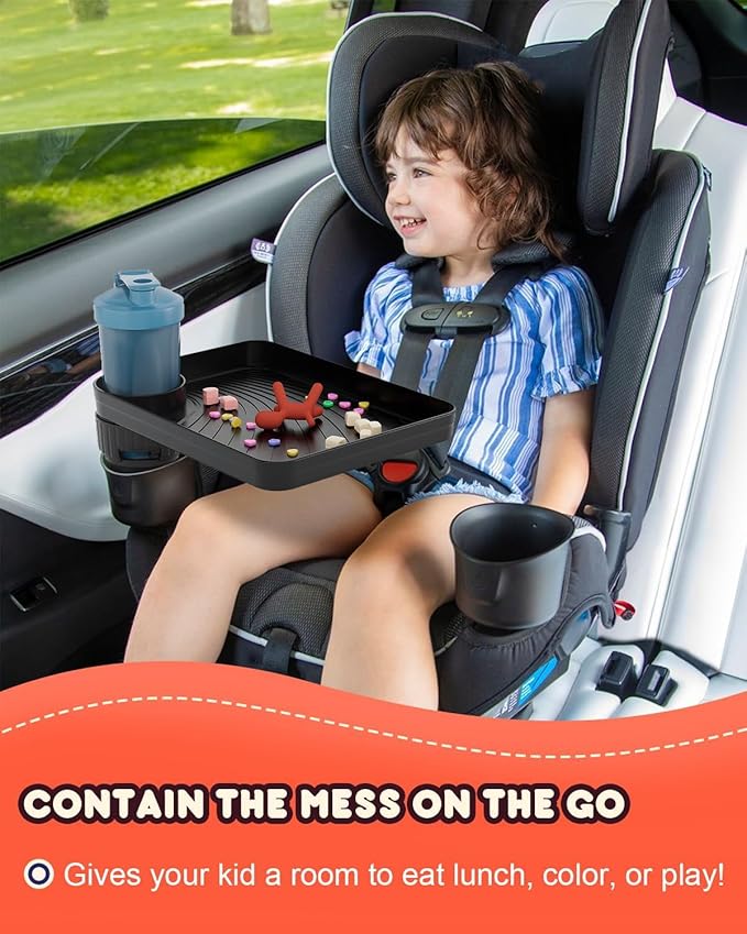 SEVEN SPARTA Car Seat Tray for Kids Toddler Travel with Soft Rubber Base, Rotatable and Removable Cup Holder Snack Tray for Food Color and Play for Family Road Trip Essentials (1, Large Base)