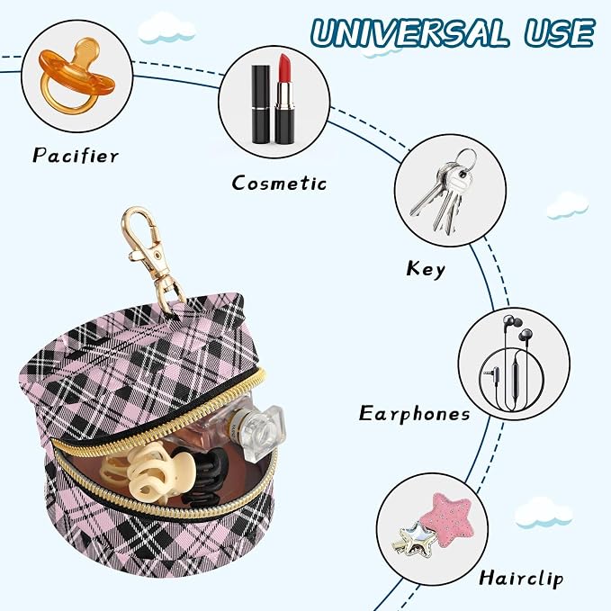 Pink Tartan Plaid Print Pacifier Holder Case with Clip Portable Pacifier Storage Bag for Girls Boys
