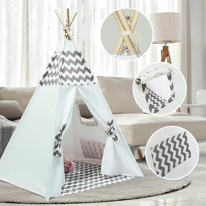 Boys Teepee Tent for Kids Teepee Baby Teepees for Boys Girls Baby Kids Tent Indoor Tepee Grey Chevron Tepees Toddler Tent with Floor & Carry Case