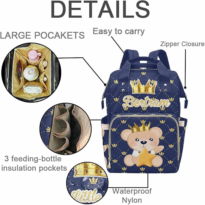 Personalized Prince Bear Mommy Bag with Name, Custom Golden Crown on Blue Plaid Diaper Bags, Waterproof Nylon Backpack for Travel with Large Capacity, Nursing Daypack for Women New Mom