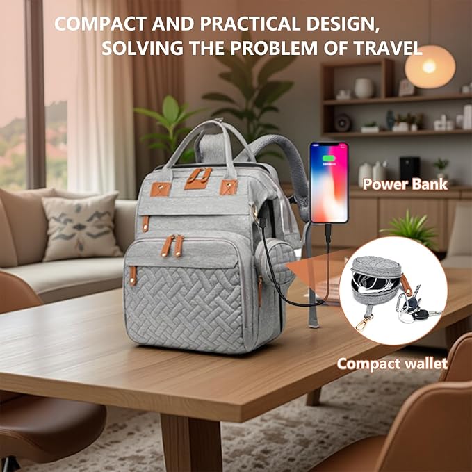 Baby Diaper Bag Backpack with Changing Station, Waterproof Large Capacity Baby Bag with USB Charging Port, Lightweight Travel Backpack Diaper Bag with Portable Crib - Grey