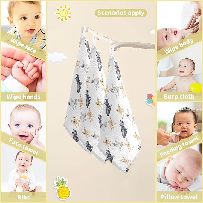 Baby Washcloths Cotton Pets French Bulldog Baby Muslin Washcloths Soft Baby Face Towel for Newborn Infants Baby Wipes, 11.8 X 11.8 Inch, 5 Pack