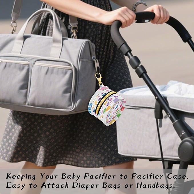 Pacifier Holder with Clip Pacifier Case for Diaper Bag Round Baby Pacifier Pouch Box Bag Portable Cute Paw Print Ice Cream Lollipop