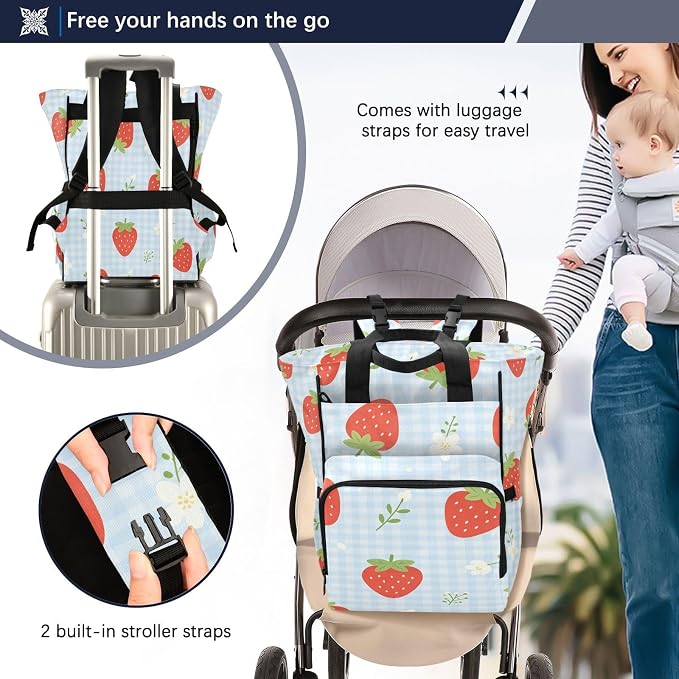 Personalized Strawberry Flower Blue Gingham Diaper Bag Insul Pockets Mom Dad