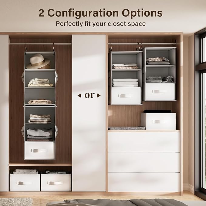 Pipishell 6-Shelf Hanging Closet Organizer with 2 Separable 3-Tier Shelves, 3 Drawers & Side Pockets Closet Organizers and Storage for Wardrobe Organization and Nursery Clothes Organizer, White