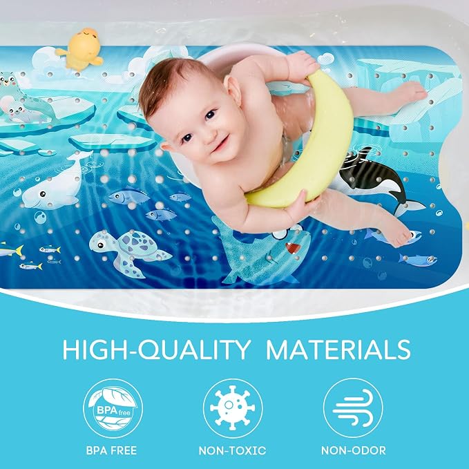 SHUCHING Baby Bath Mat for Tub Non Slip-40 X 16 Inch, Bathtub Mat Non Slip for Kids, Toddler Long Shower Mat for Bathroom, Polar Animal