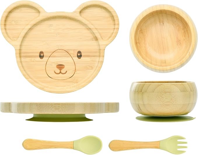 Bamboo Suction Plates Bowls Setfor Baby Toddler Divided Platter Food bowl with Silicone Fork & Spoon All-Natural Baby Feeding Set, Kids Feeding Essentials