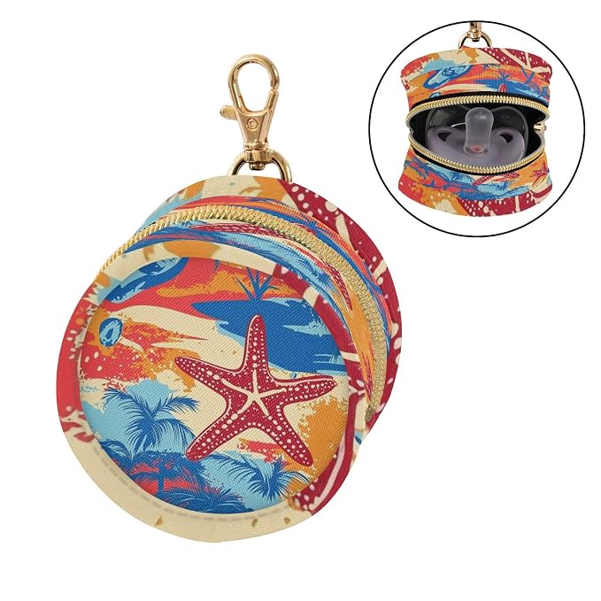 Pacifier Holder with Clip Pacifier Case for Diaper Bag Round Baby Pacifier Pouch Box Bag Portable Bright Summer Beach Starfish and Palm Tree