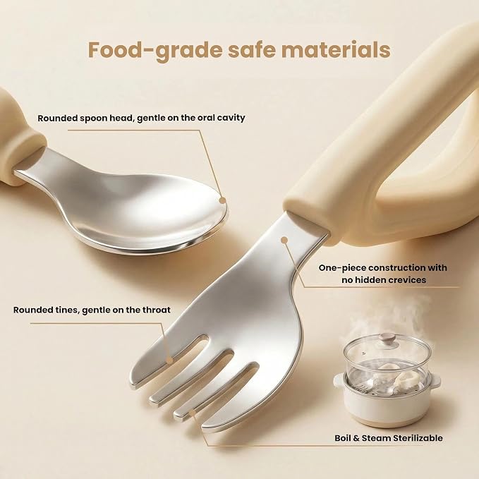 Personalized Baby Self-Feeding Utensils Set - Custom Engraved Name Toddler Spoon and Fork, Food-Grade Silicone Easy-Grip Triangular Handle Infant Training Cutlery for 6 Months+