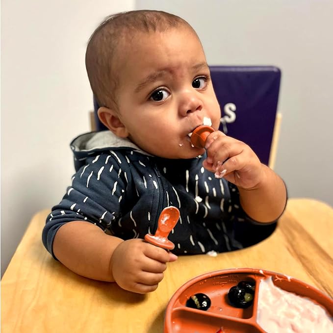 TalkTools ITSY Tiny Silicone Spoons ??Twin Pack Soft Silicone Self-Feeding Training Spoons for Kids & Toddlers, Anti-Choking Flange Guard and Non-Slip Handle (Tangerine)