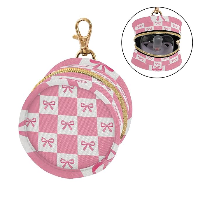 Pacifier Holder with Clip Pacifier Case for Diaper Bag Round Baby Pacifier Pouch Box Bag Portable Pink Bows Checkerboard