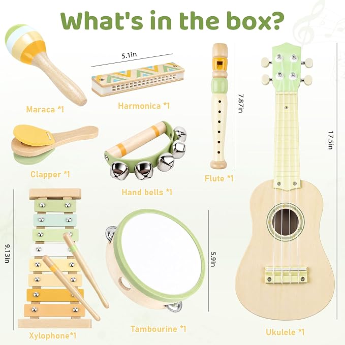 Kids Guitar Set - 8 in 1 Toddler Musical Instruments, Montessori Wooden Baby Ukulele Xylophone Tambourine Maracas Flute, Toy Guitar for Toddler 1-3, Mini Guitar Set Birthday Gift Boys Girls (Neutral)